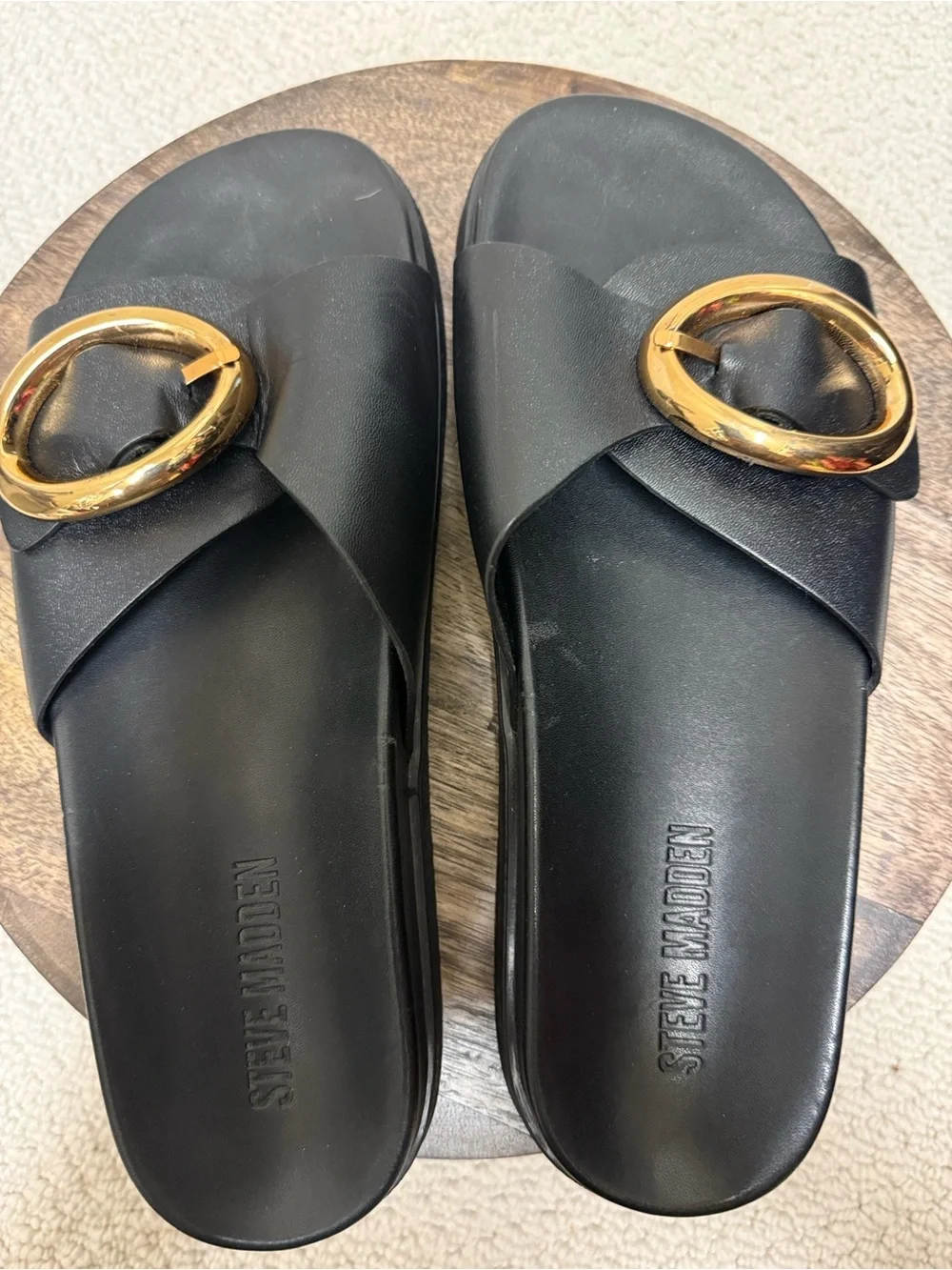 Steve Madden Black Slide Sandals with Gold Ring Accent
